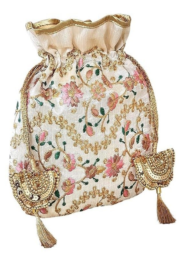 داتشيس حقيبة بوتلي دوقة بيضاء مطرزة بالزهور للنساء | حقيبة بوتلي أنيقة لحفلات الزفاف والمناسبات، بمقبض ذهبي وشرابات | حقيبة باتوا تقليدية للعروس، مثالية للمناسبات الاحتفالية والهدايا | خفيفة الوزن وواسعة - Image 3